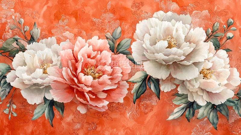 高清大图下载【趣麦麦图】水彩牡丹花朵与叶子在橙色背景上