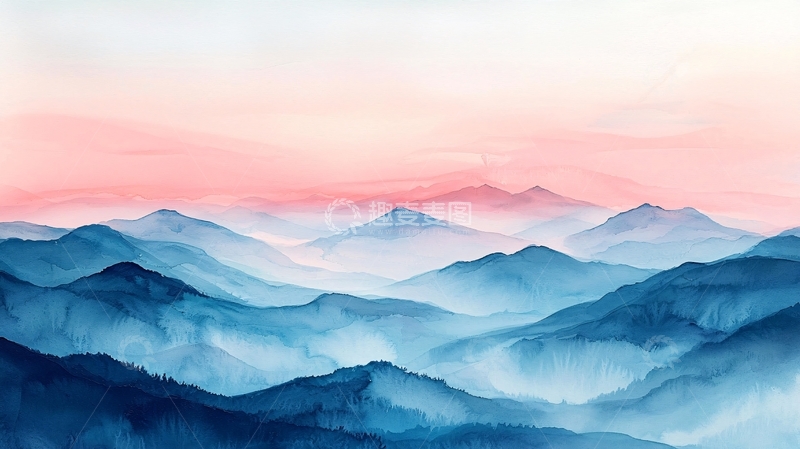 高清大图下载【趣麦麦图】水墨山峦粉色天空