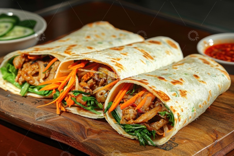 高清大图下载【趣麦麦图】放在案板上的蔬菜卷饼