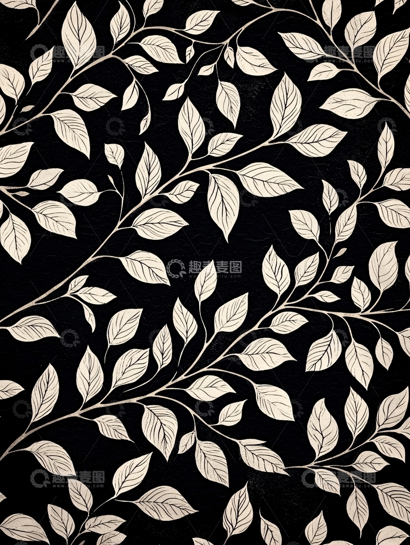 高清大图下载【趣麦麦图】黑色背景下的米色树叶图案