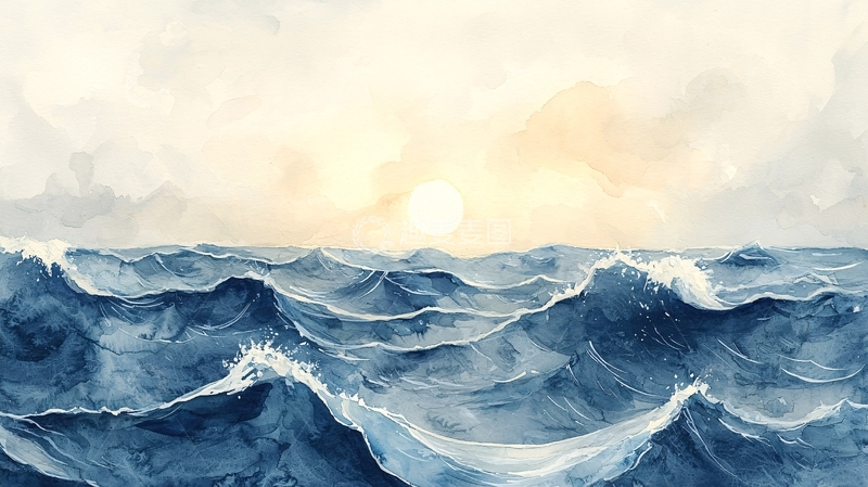 高清大图下载【趣麦麦图】水彩海面日出风景