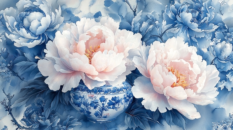 高清大图下载【趣麦麦图】蓝色青花瓷瓶里的粉色牡丹花