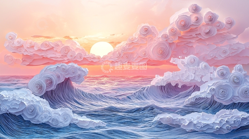 高清大图下载【趣麦麦图】粉色天空下的梦幻海浪