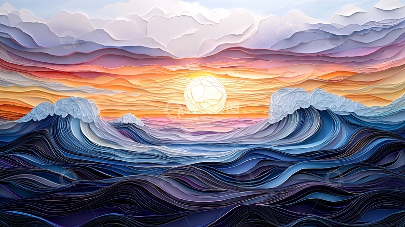 高清大图下载【趣麦麦图】壮丽海景日落油画风