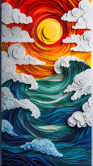 太阳海浪云朵的纸艺风景