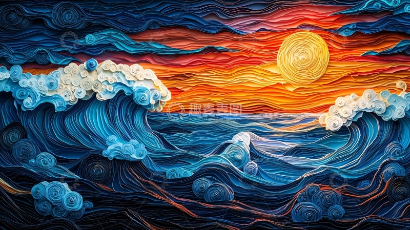 高清大图下载【趣麦麦图】印象派风格海浪夕阳图