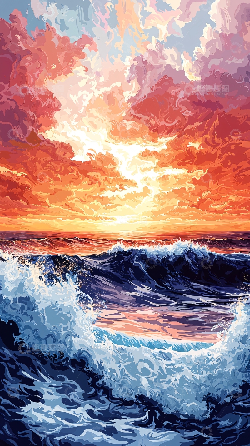 高清大图下载【趣麦麦图】日落时分的海浪