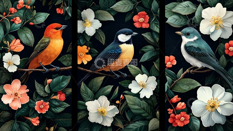 高清大图下载【趣麦麦图】鸟与花朵的艺术插画