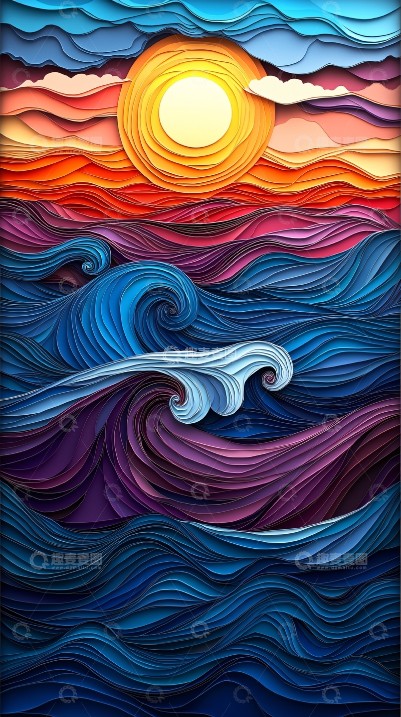 高清大图下载【趣麦麦图】抽象太阳海浪纸艺风