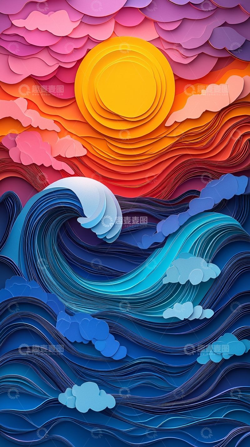 高清大图下载【趣麦麦图】纸艺风格海浪日落图