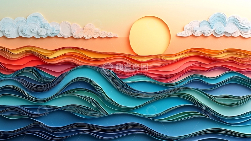 高清大图下载【趣麦麦图】纸艺海浪日出风景画