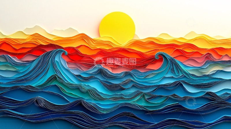 高清大图下载【趣麦麦图】纸艺日出海浪