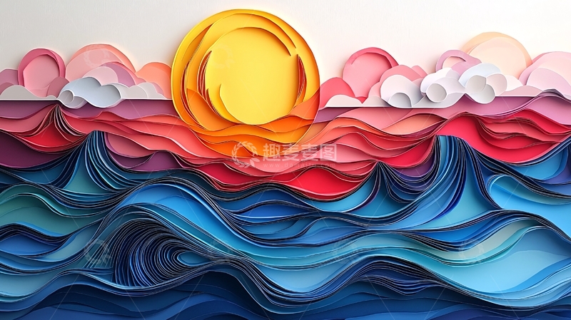 高清大图下载【趣麦麦图】纸艺日落海景图