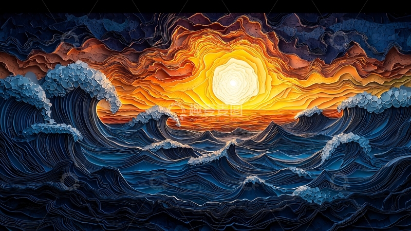 高清大图下载【趣麦麦图】波涛汹涌的日落海景
