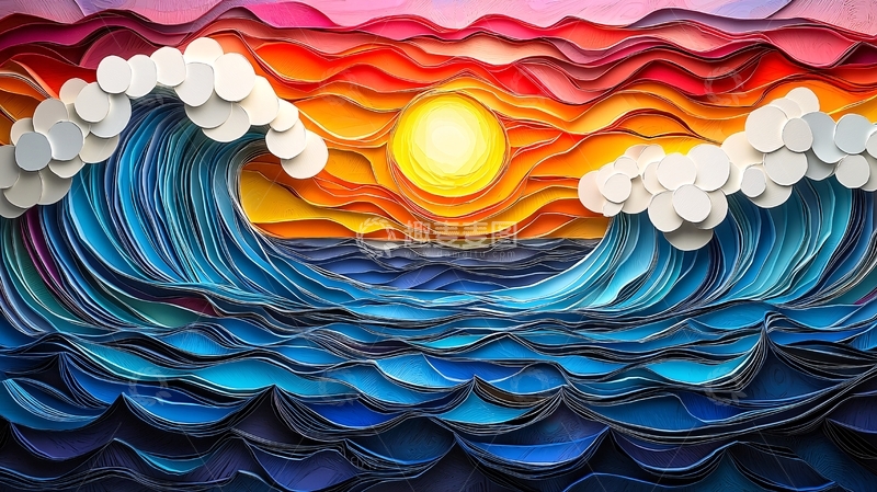 高清大图下载【趣麦麦图】海浪与夕阳的纸艺画