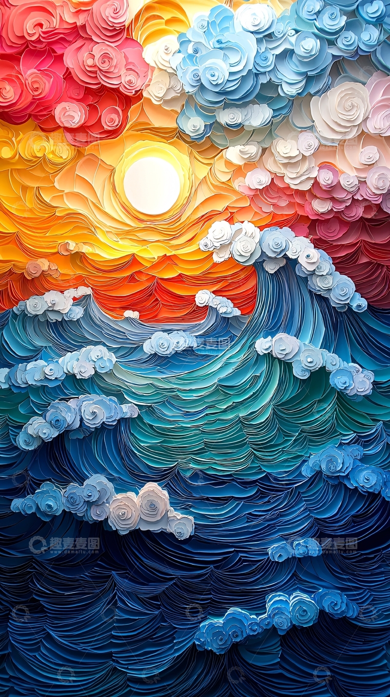 高清大图下载【趣麦麦图】波涛汹涌的海洋日落