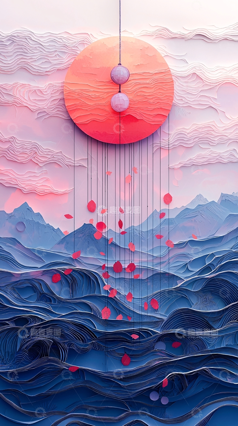 高清大图下载【趣麦麦图】粉色圆月悬挂山水间