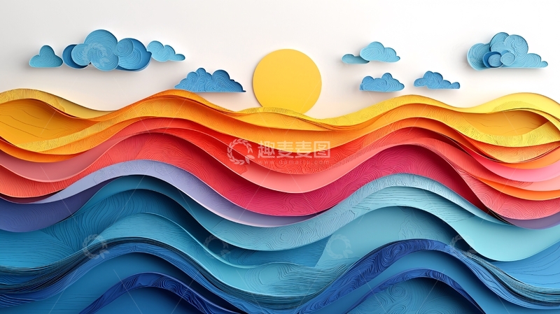 高清大图下载【趣麦麦图】纸艺海景太阳云朵