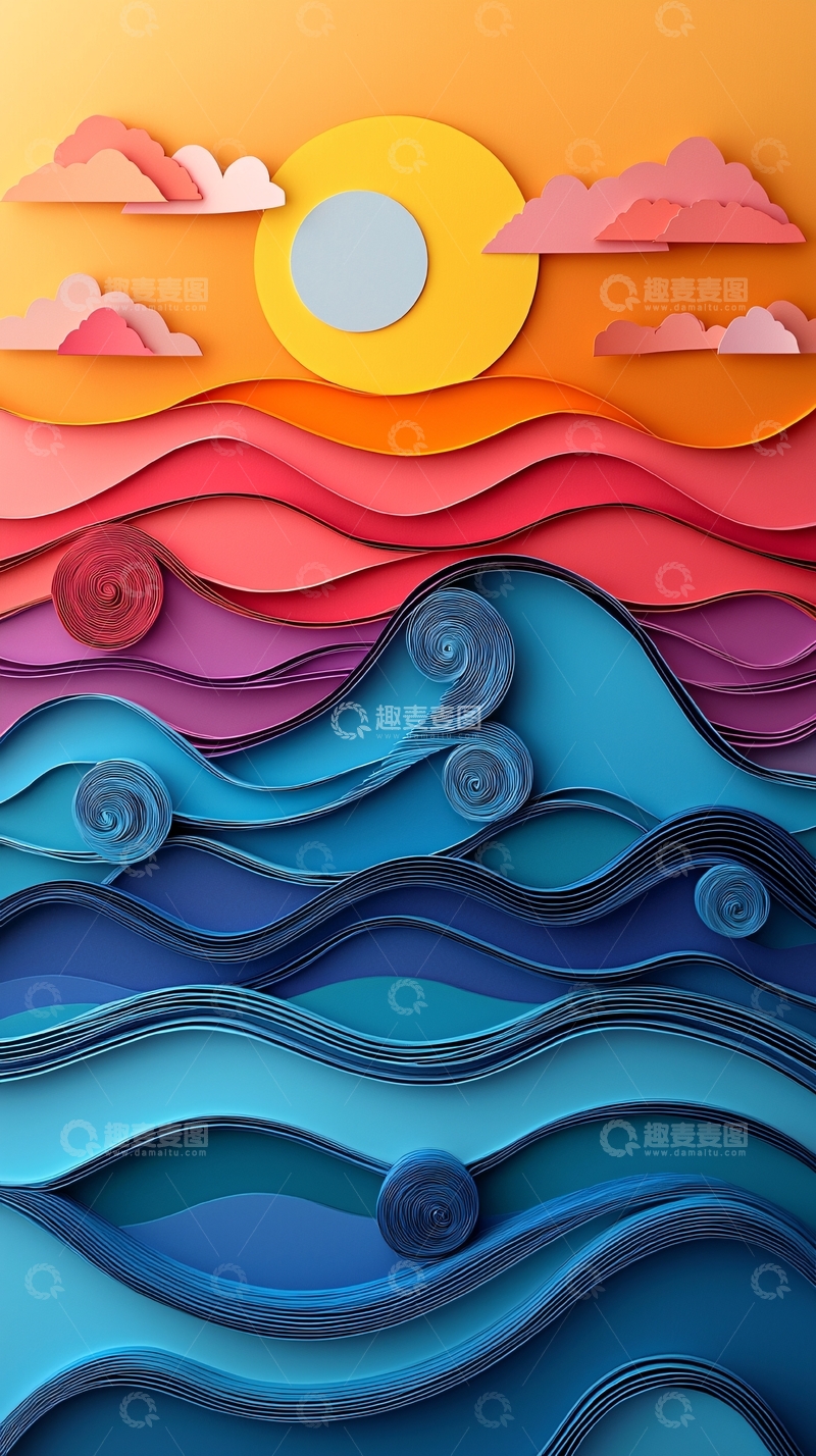 高清大图下载【趣麦麦图】纸艺风格海浪日落