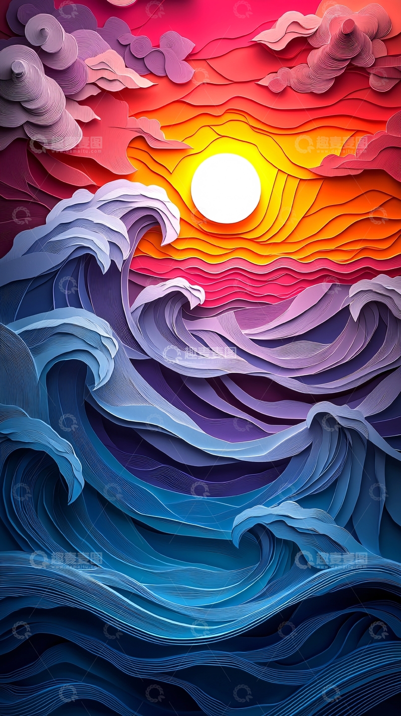 高清大图下载【趣麦麦图】层叠纸艺风格海浪日落