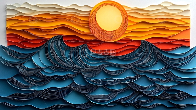 高清大图下载【趣麦麦图】纸艺海面日落场景