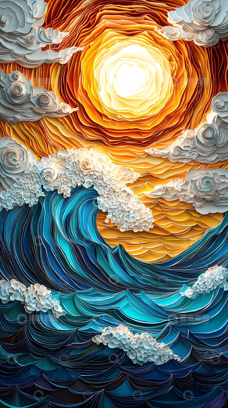 高清大图下载【趣麦麦图】海浪太阳云朵艺术画