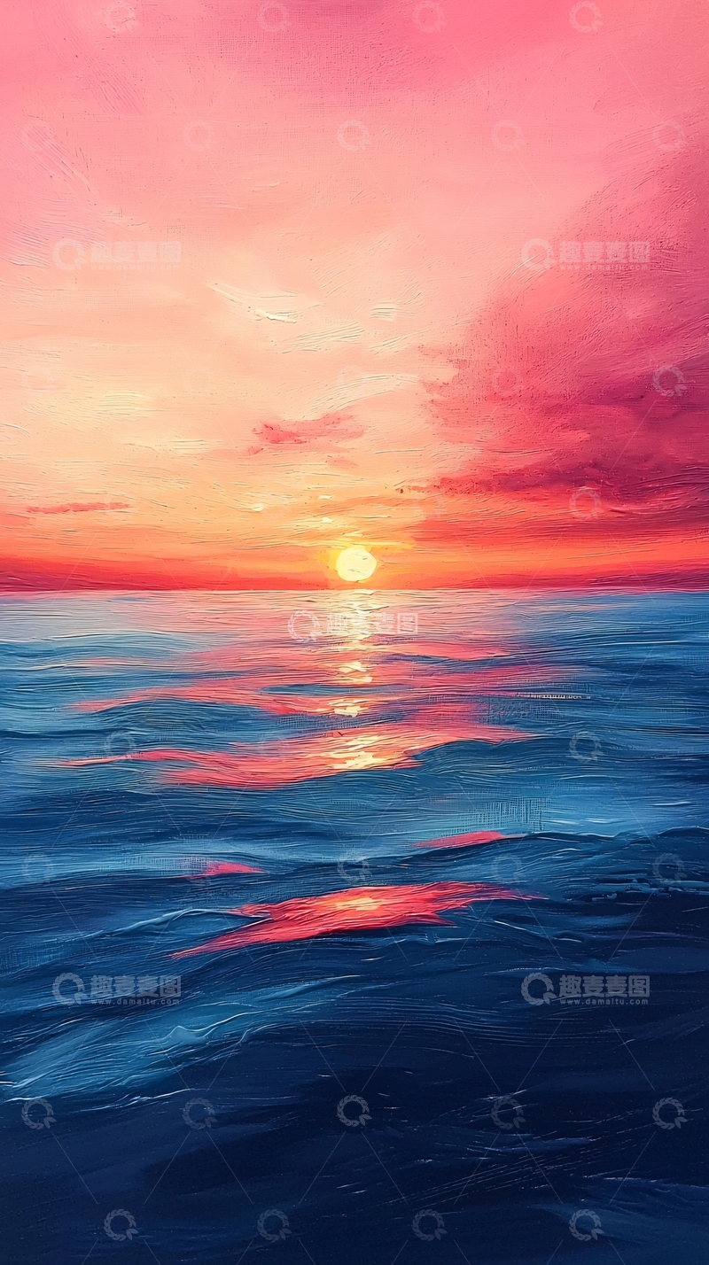 高清大图下载【趣麦麦图】粉色天空下的海洋日落