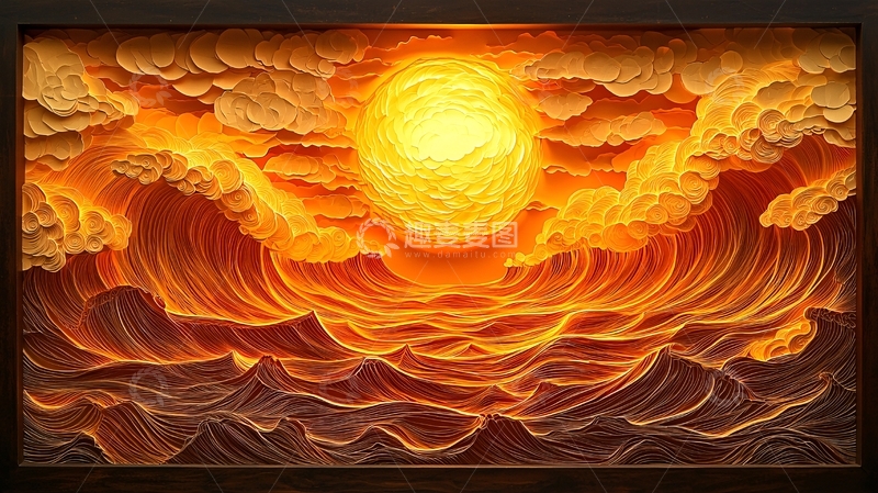 高清大图下载【趣麦麦图】炽热太阳照耀下的海浪