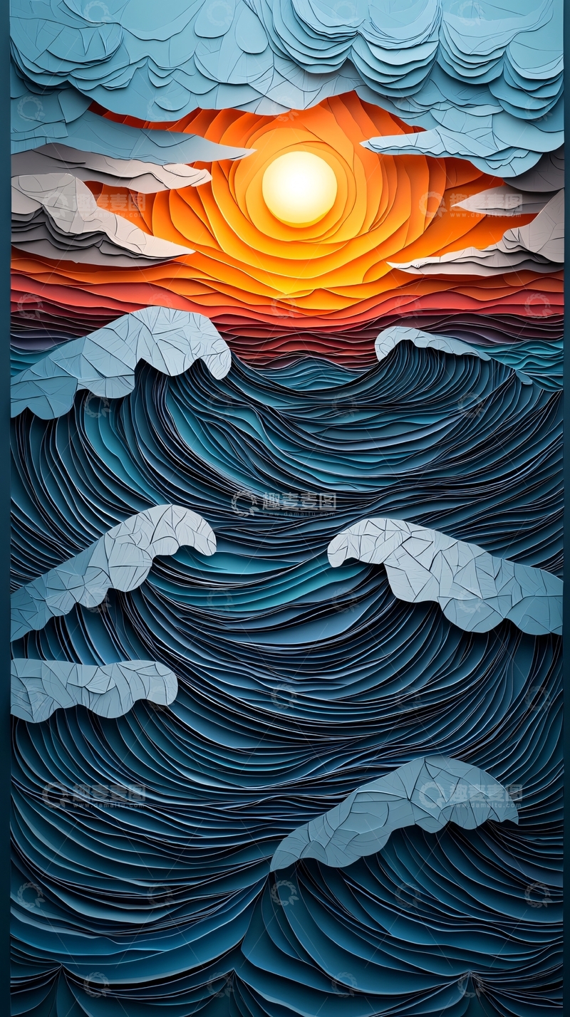 高清大图下载【趣麦麦图】纸艺海洋日落场景