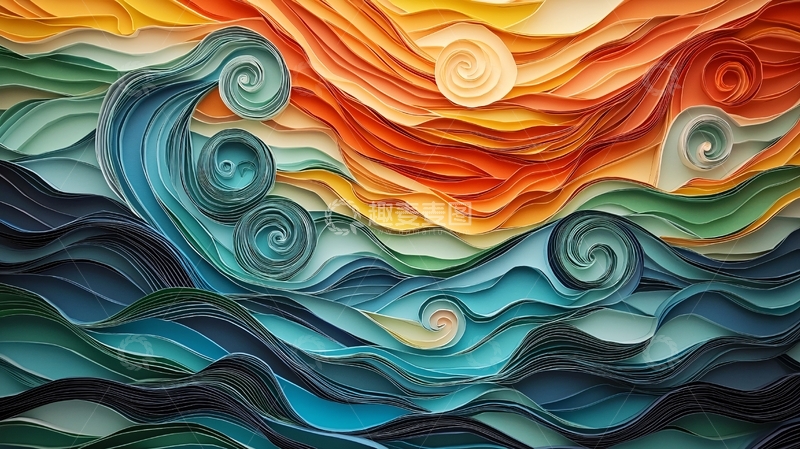 高清大图下载【趣麦麦图】纸艺海浪日落风景