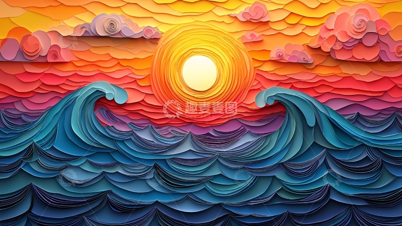 高清大图下载【趣麦麦图】海浪日落纸艺风格画
