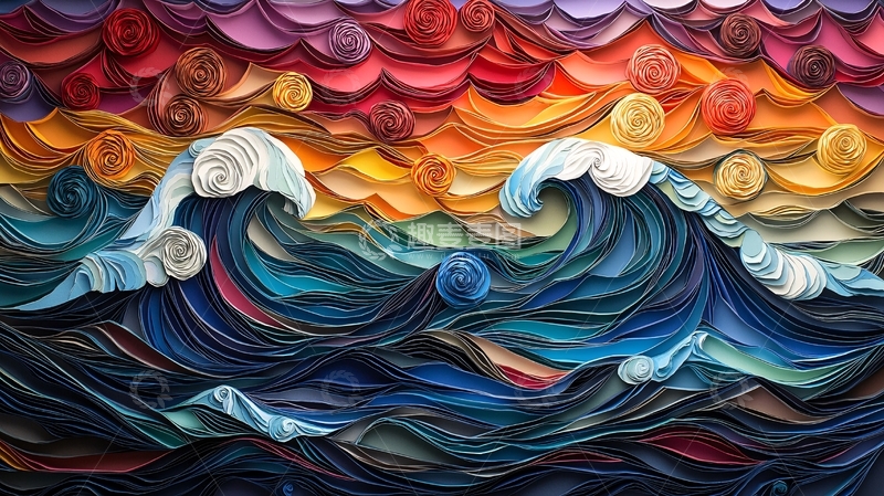 高清大图下载【趣麦麦图】艺术纸卷海浪夕阳