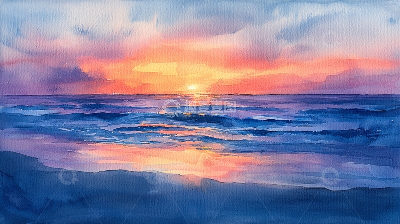 高清大图下载【趣麦麦图】海边日落唯美水彩