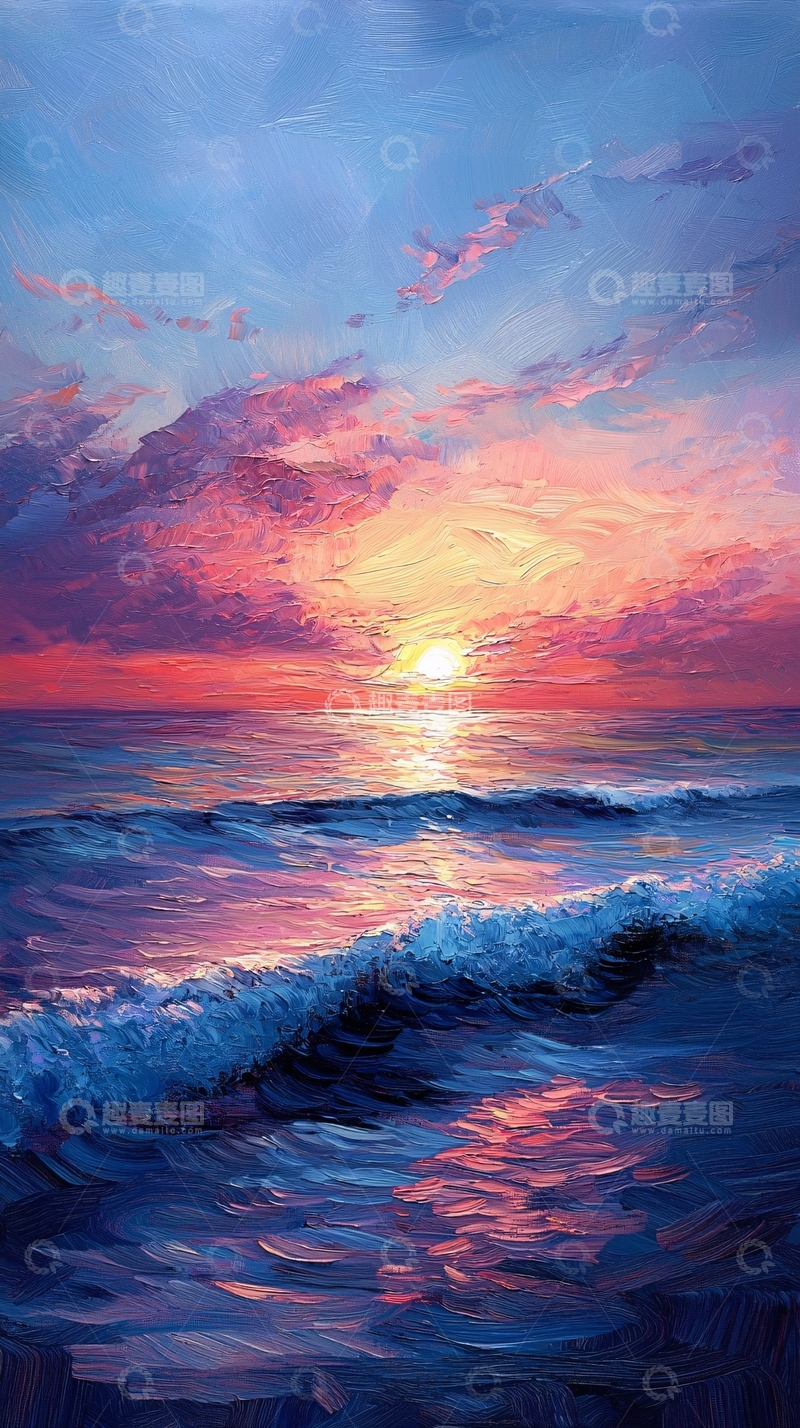 高清大图下载【趣麦麦图】海边日落油画风