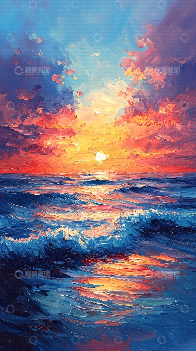 高清大图下载【趣麦麦图】海边日落油画质感天空