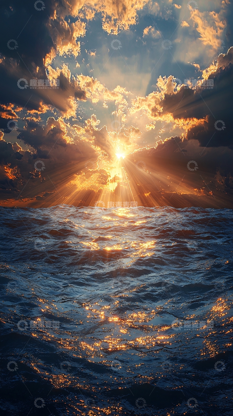 高清大图下载【趣麦麦图】海上日出光芒四射