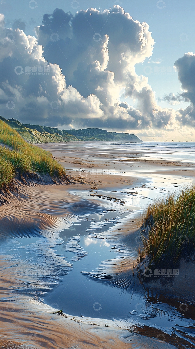 高清大图下载【趣麦麦图】海滩上的水洼反射天空