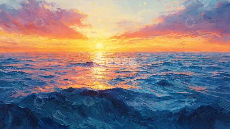 高清大图下载【趣麦麦图】海上日落云彩天空水波荡漾