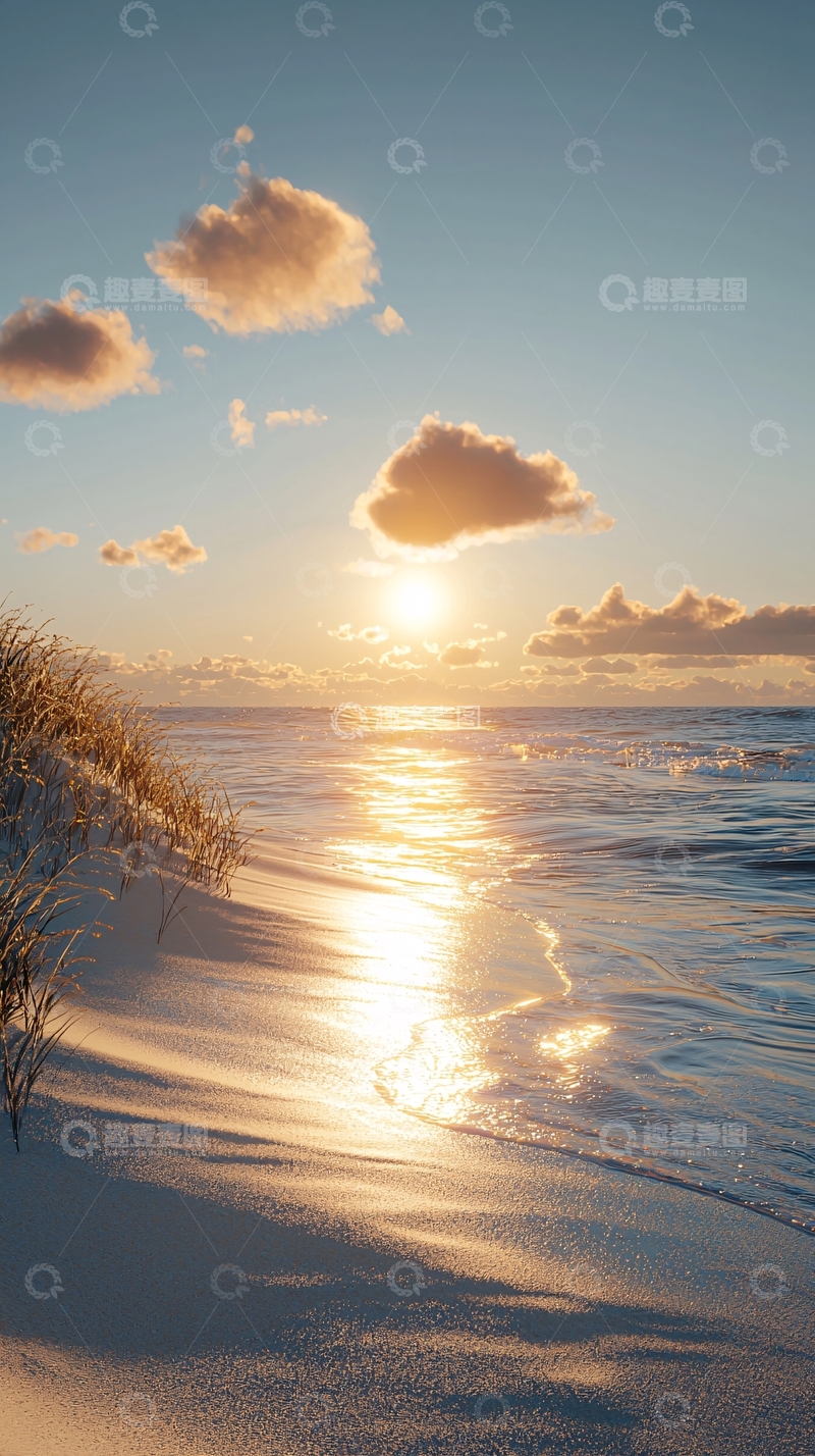 高清大图下载【趣麦麦图】海边日落金色光辉
