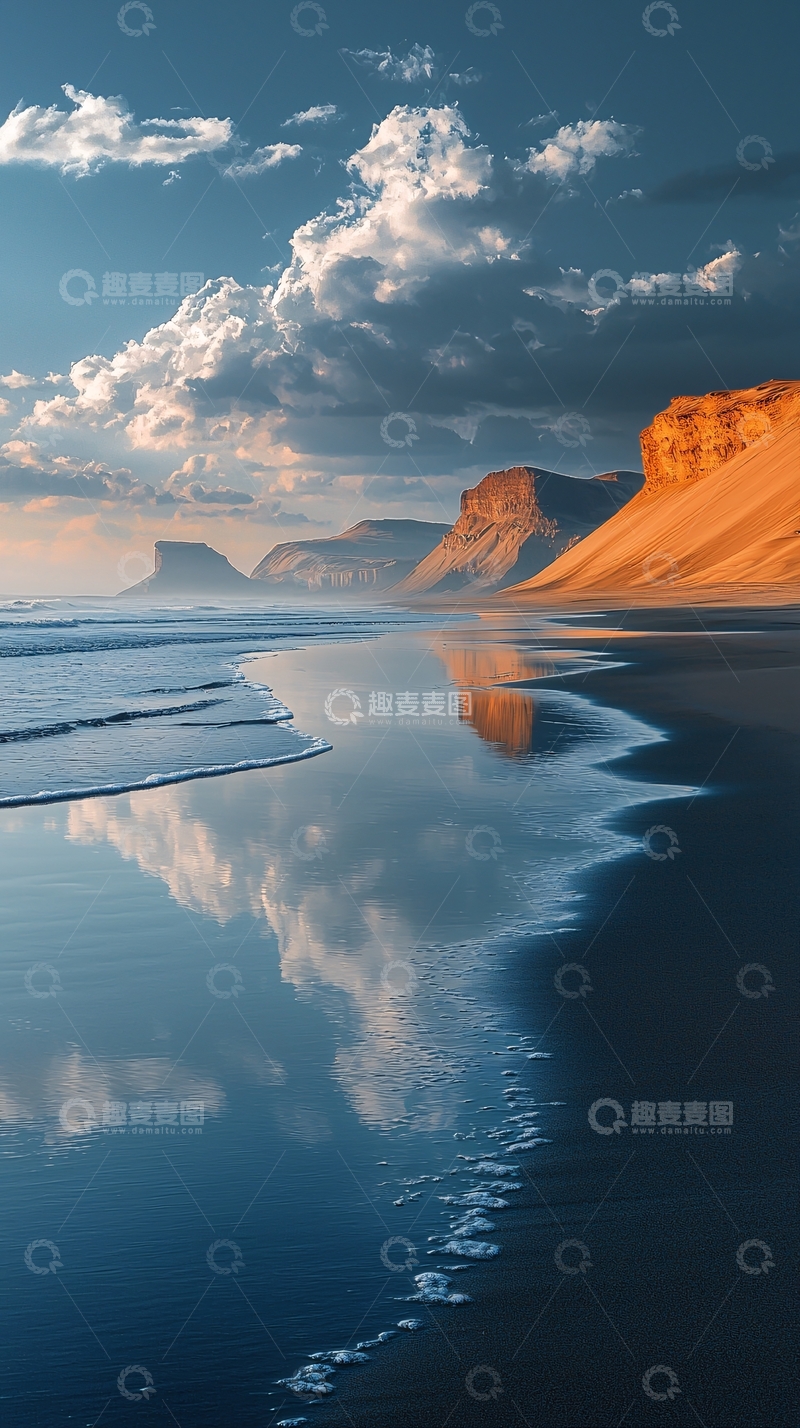 高清大图下载【趣麦麦图】平静海面映天空云彩的山景