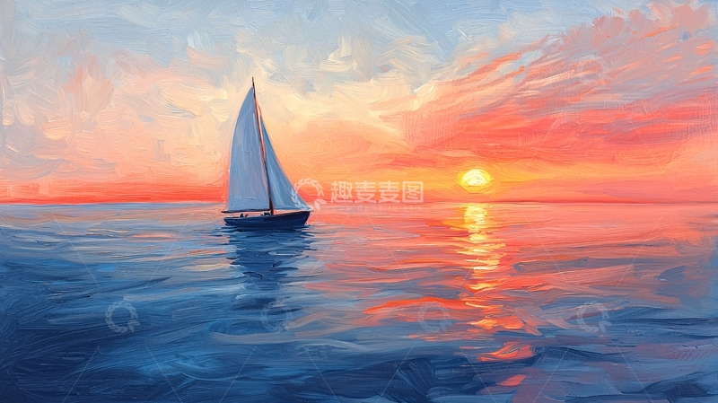 高清大图下载【趣麦麦图】日落时分海面上的帆船