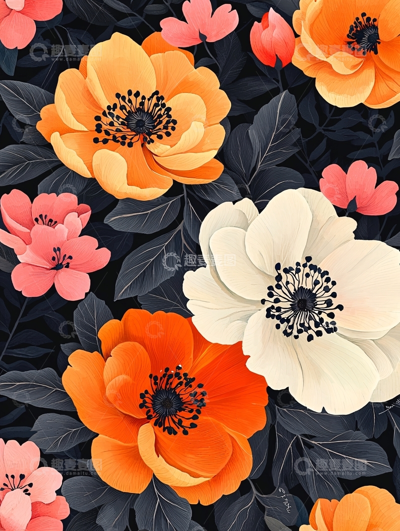 高清大图下载【趣麦麦图】橙色白色粉色花朵