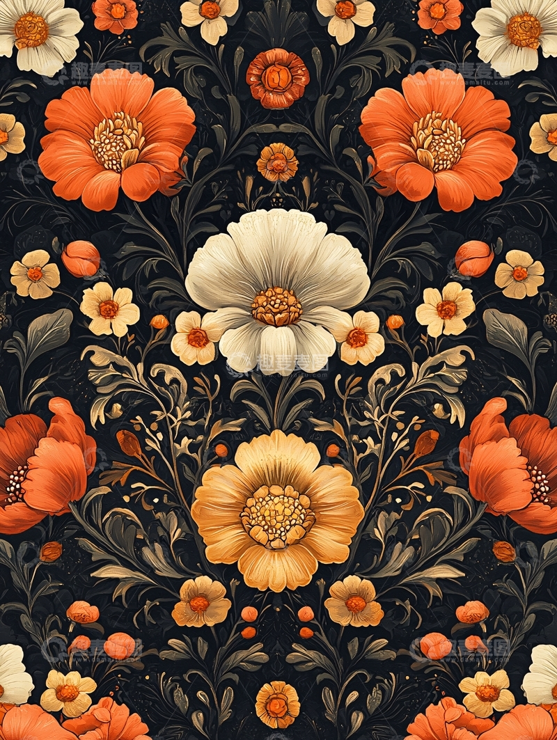 高清大图下载【趣麦麦图】复古花卉对称图案