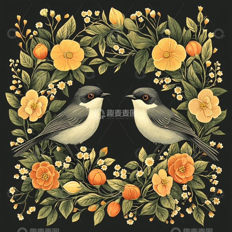 高清大图下载【趣麦麦图】两只鸟的鲜花环绕