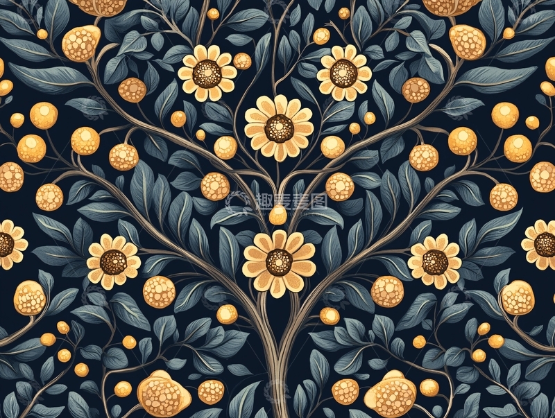 高清大图下载【趣麦麦图】金色花朵果实对称树