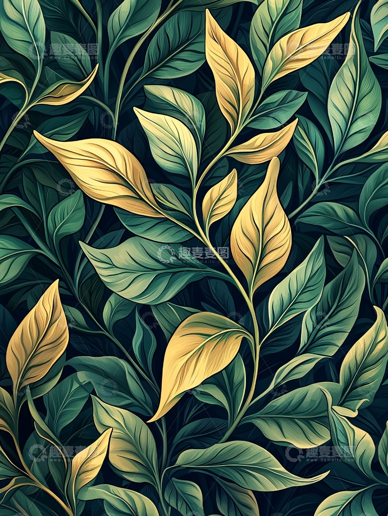 高清大图下载【趣麦麦图】绿叶与金叶交织的图案
