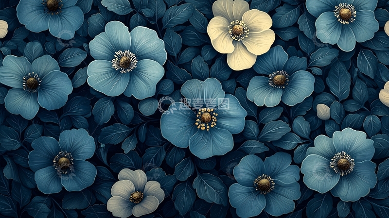 蓝色花朵和叶子图案
