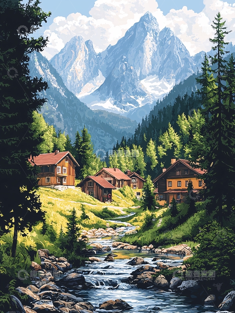 高清大图下载【趣麦麦图】山间小屋流水人家