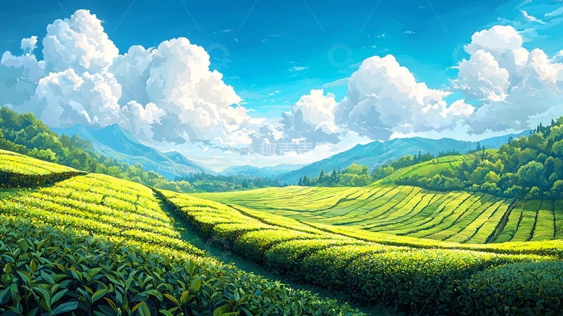 高清大图下载【趣麦麦图】翠绿茶园在蓝天白云下