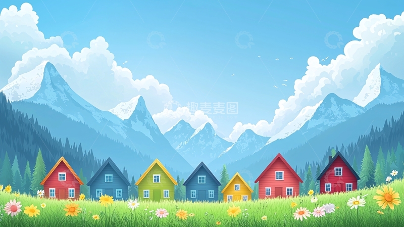 高清大图下载【趣麦麦图】彩色小屋在山脚下